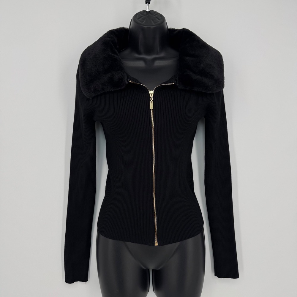 Coalition LA Black Ribbed Knit Faux Fur Collar Zip Front Cardigan Sweater Sz Med
